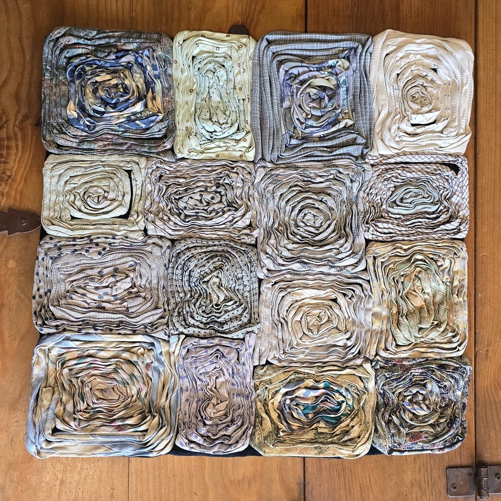 Vintage Dreamweavers Handmade Silk Tie Pillow Cover with Hand-Rolled Roses